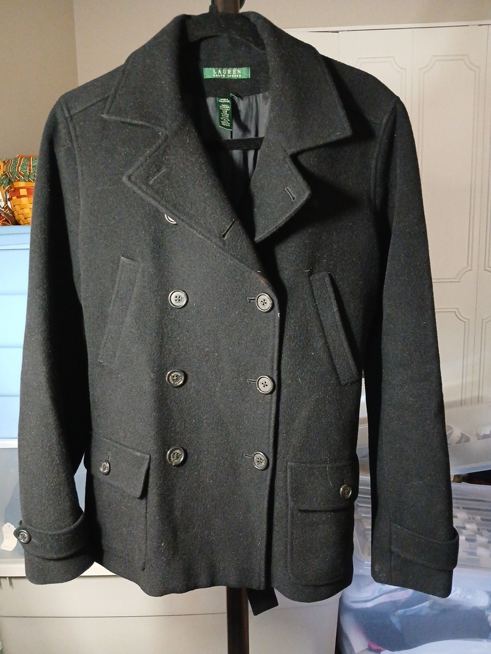 Lauren Ralph Lauren Black Double-Breasted Peacoat Notch Lapel Wool/Angora Blend